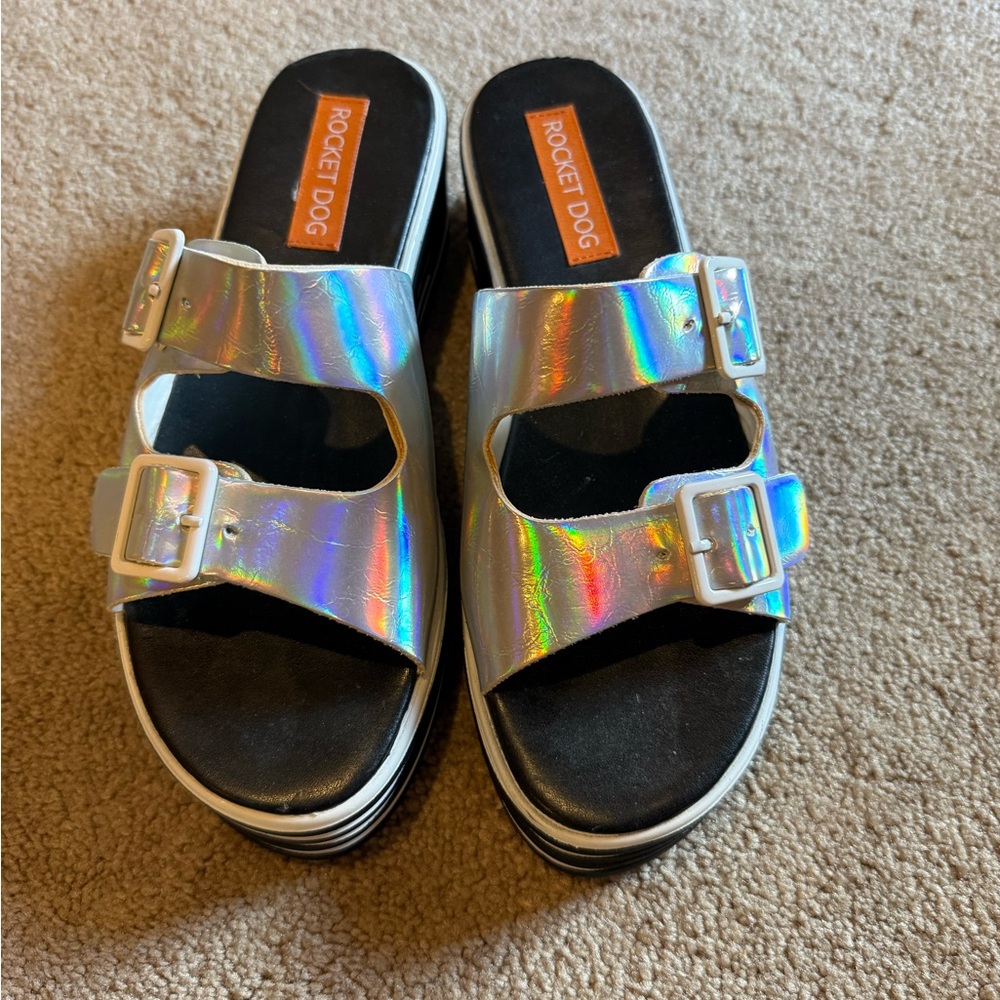Rocket Dog Holographic Silver platform slide sandals Y2k double buckle size 8